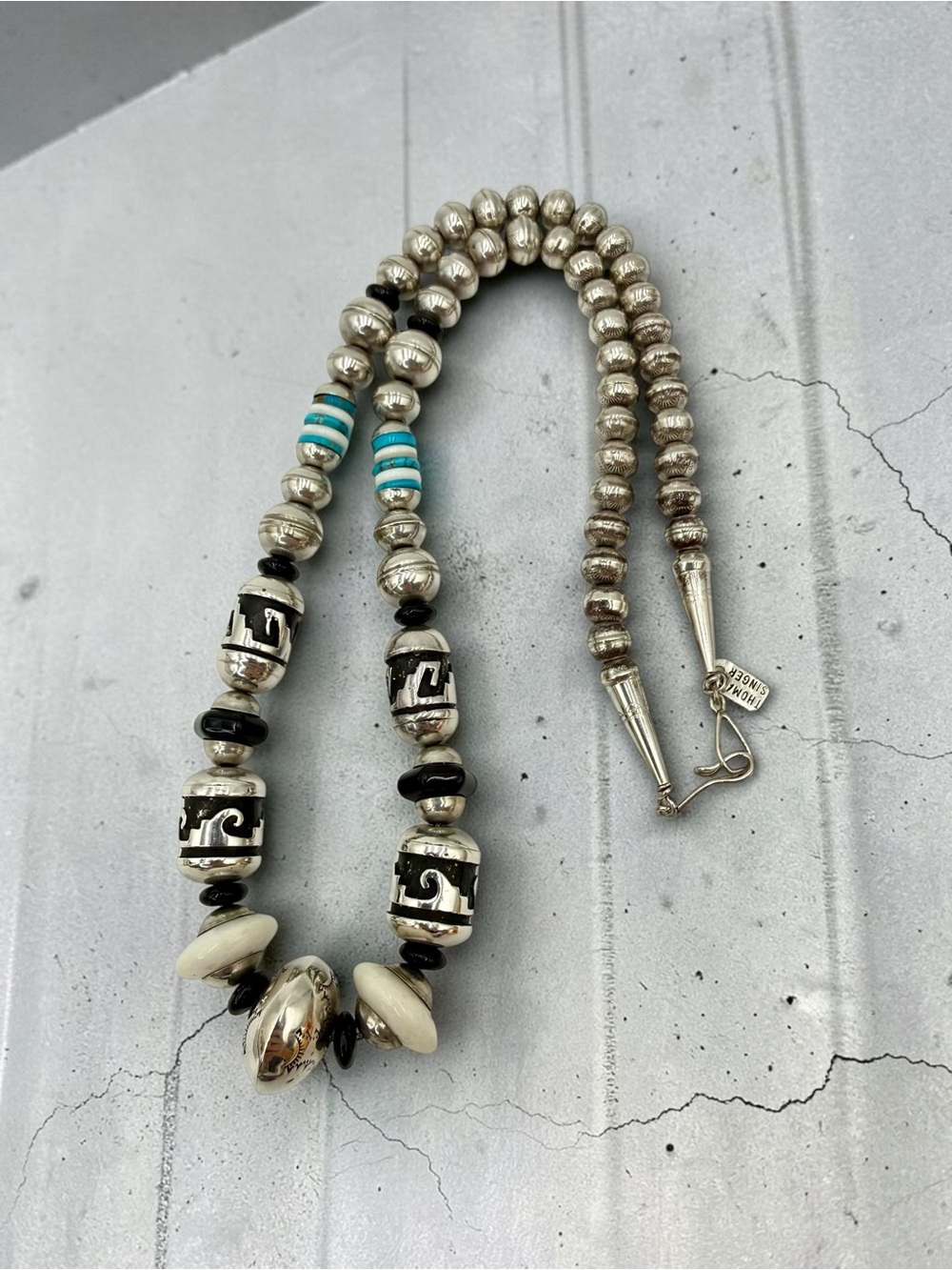 Thomas Singer Navajo Sterling Silver Turquoise Onyx MOP Bead Necklace 24” 74gram - Picture 8 of 17